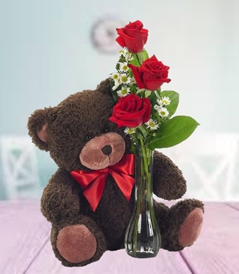 3 Red Roses With Plush Teddy Bear And Free Glass Bud Vase