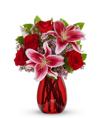 Red Roses & Stargazer Lilies Mixed Flower Bouquet in Red Vase