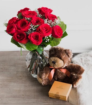 One Dozen Long Stem Red Roses With Chocolates & Bear