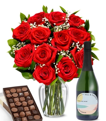 Red Roses, Sparkling Wine & Gourmet Assorted Chocolate