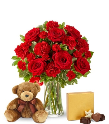 Romantic Red Roses with Teddy Bear & Chocolates