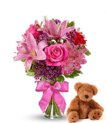 Rose & Lily Bouquet with Teddy Bear