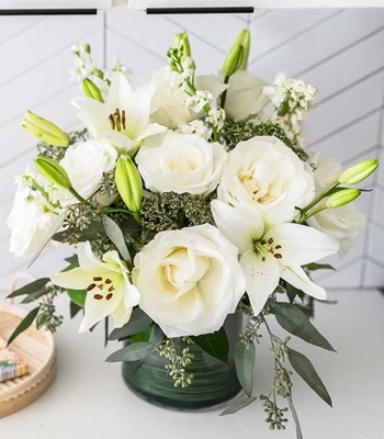 Sympathy Flower Arrangement made of Peaceful White Roses & Asiatic Lilies