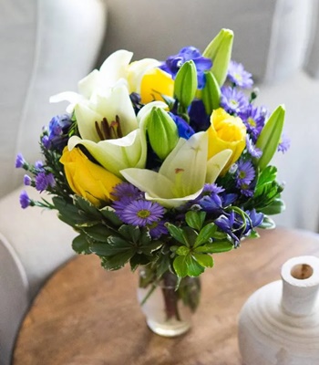Blue Delphinium Bouquet With Roses & Keepsake Glass Vase