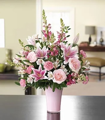 Mothers Day Flower Bouquet - Pink Roses & Lilies in Pink Glass Vase