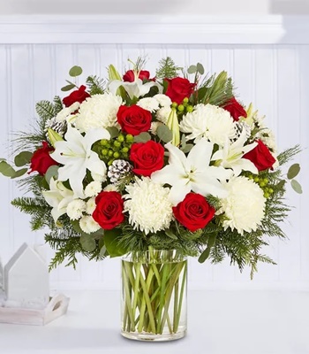 Seasonal Mix Flowers Merry Christmas Arrangement in Vase