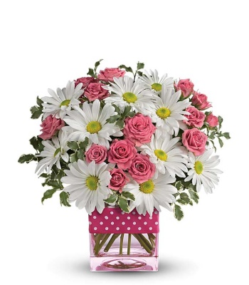 Spray Roses and White Daisies in Pink Vase