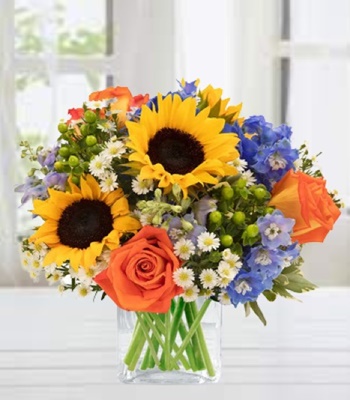 Sunflower Bouquet With Blue Delphinium and Roses