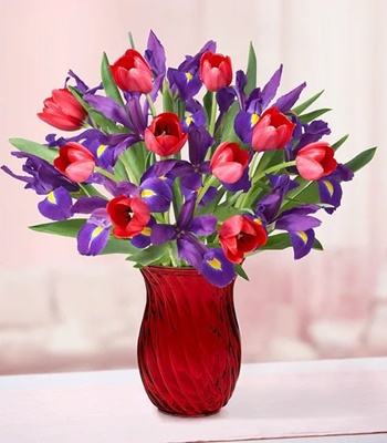 Valentine Love Tulip & Iris Bouquet - Red Vase Included