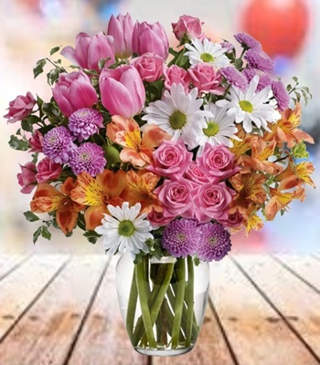 Tulip and Rose Bouquet With Free Clear Glass Vase