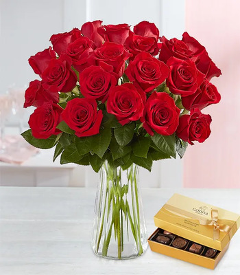 Two Dozen Red Roses With Clear Vase And Godiva Chocolate