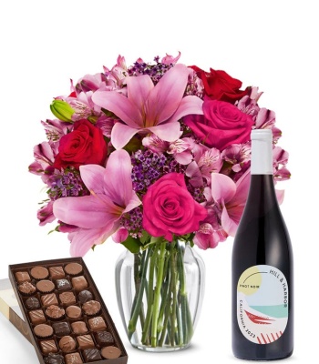 Valentine's Day Gift - Roses & Lilies, Red Wine, and Gourmet Chocolate