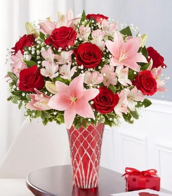 Valentine's Day Lily Bouquet with Red Roses and Vase