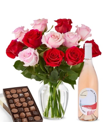 Valentine's Day Pink & Red Roses, Wine, and Gourmet Assorted Chocolate Box