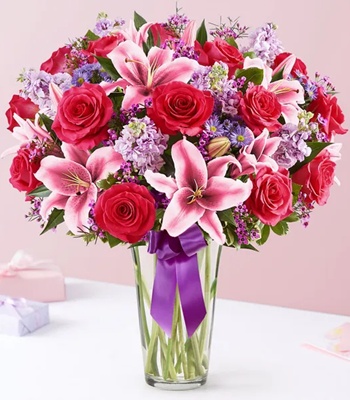 Valentine's Day Pink and Purple Flower Arrangement in Vase