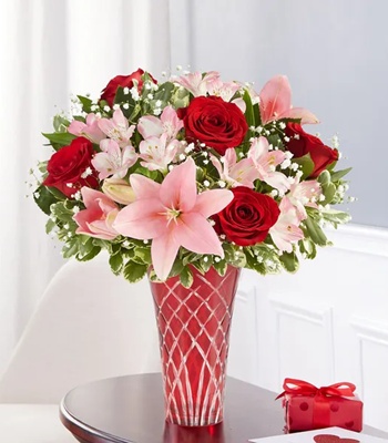 Valentine's Day Red & Pink Flower Arrangement in Red Vase