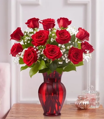 Valentine's Day Dozen Red Roses in Ruby Red Vase