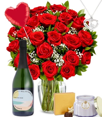 Valentine's Day Two Dozen Red Roses With Wine & Gift