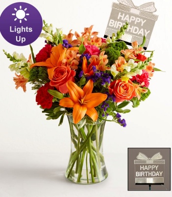 Vibrant Birthday Floral Bouquet with Light-Up Pick