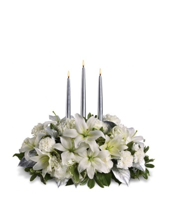 White & Silver Holiday Centerpiece with Lilies and Roses