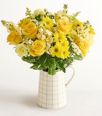 Yellow Flower Bouquet in Plaid Pitcher Vase