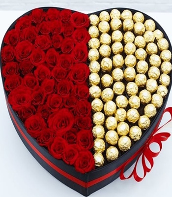 Red Roses & Ferrero Chocolate Hear Shape Box - Premium