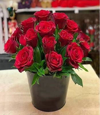 12 Red Roses in Clay Vase