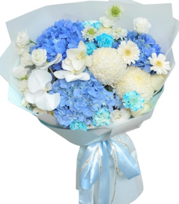 Modern Blue Hydrangea & White Orchid Bouquet