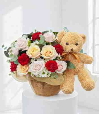 Rose Basket With Teddy Bear Gift