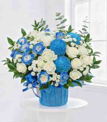 White & Blue Sympathy Flower Arrangement