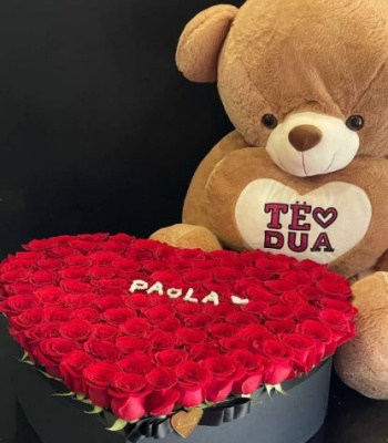 Heart Shape Red Rose Arrangement With Teddy