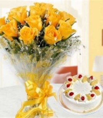 Yellow Rose Bouquet and Cake